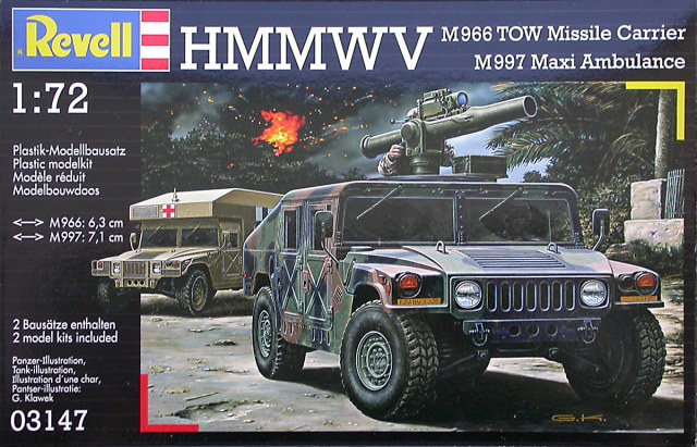 Revell of Germany kit number 03147 HMMWV M966 TOW Carrier and M997 Maxi Ambulance 1:72 scale model